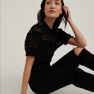 Lucky Brand Lace Puff Sleeve Top in black NWT